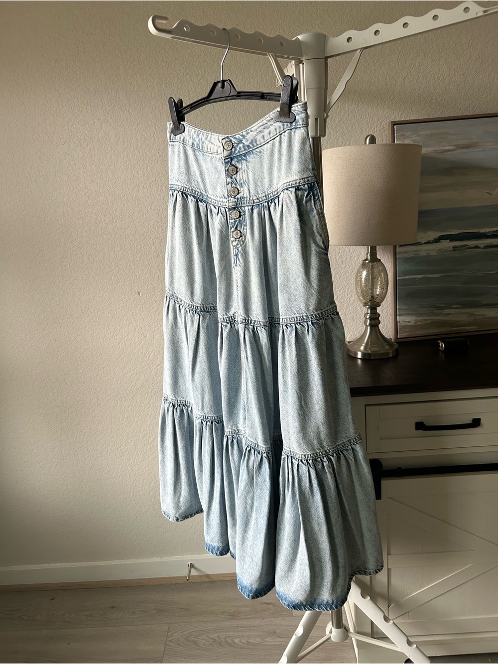 Free People Light Wash Denim Tiered Maxi Skirt - Women